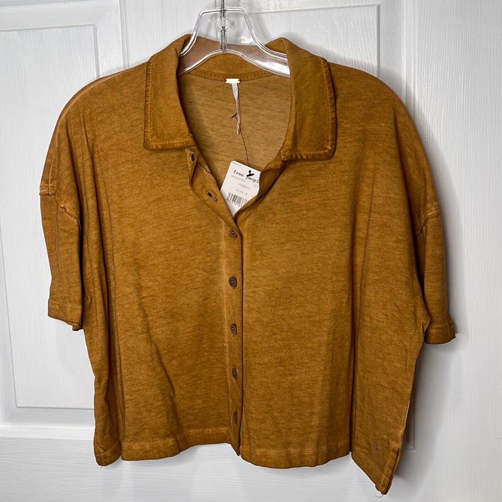 Free People Copper Weekend Rush Button Down Collared Crop Top NWT Size Small